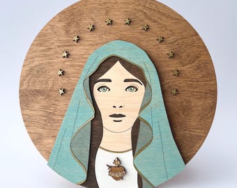Blessed Virgin Mary Portrait - Round Wood Sign, Catholic Home Decor