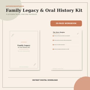 Peut inclure: Un cahier d'exercices imprimable de 20 pages intitulé Family Legacy & Oral History Kit. La couverture présente le titre et un sous-titre, tandis que la page intérieure affiche le titre The Story Begins avec des questions numérotées.