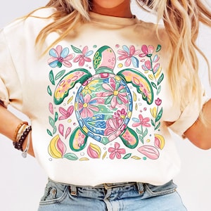 Summer Sea Turtle PNG Floral Girly Sublimation Designs Ocean Coastal Vibes Beach Gift Idea Turtle Summer Aesthetic DTF Design for Shirts