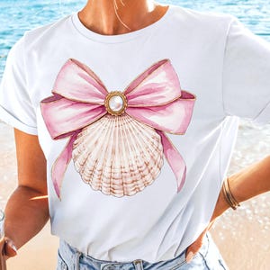 Coquette Seashell PNG Pink Bow Summer Clipart Preppy Aesthetic Sublimation Design Beach Vibe PNG Cute Coastal Girly Design for Shirt Tote