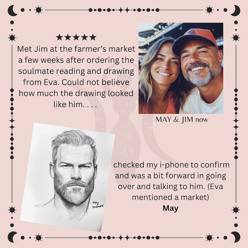 Puede incluir: Un dibujo en blanco y negro de la cara de un hombre con barba. El dibujo est&aacute; etiquetado como "May soulmate". Debajo del dibujo hay un texto que dice "checked my i-phone to confirm and was a bit forward in going over and talking to him. (Eva mentioned a market) May".