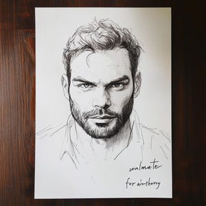 Puede incluir: Dibujo en blanco y negro a pluma y tinta de la cara de un hombre con barba. El dibujo est&aacute; sobre papel blanco y tiene el texto "soulmate for anthony" escrito en la parte inferior.
