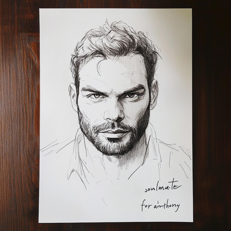 Puede incluir: Dibujo en blanco y negro a pluma y tinta de la cara de un hombre con barba. El dibujo est&aacute; sobre papel blanco y tiene el texto "soulmate for anthony" escrito en la parte inferior.