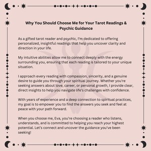 Puede incluir: Gr&aacute;fico rosa y blanco con texto negro que dice "Why You Should Choose Me for Your Tarot Readings & Psychic Guidance". El texto describe los beneficios de elegir un lector de tarot y un ps&iacute;quico para obtener orientaci&oacute;n.