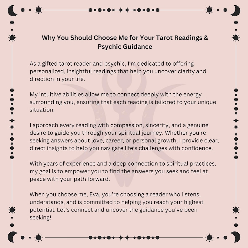 Puede incluir: Gr&aacute;fico rosa y blanco con texto negro que dice "Why You Should Choose Me for Your Tarot Readings & Psychic Guidance". El texto describe los beneficios de elegir un lector de tarot y un ps&iacute;quico para obtener orientaci&oacute;n.