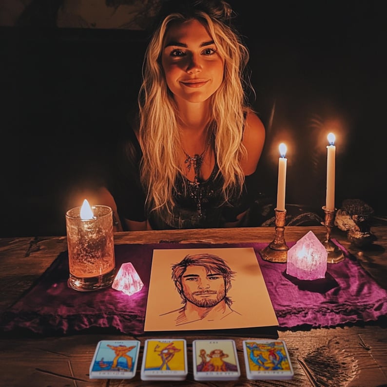 Puede incluir: Un despliegue de lectura de cartas de tarot con cinco cartas dispuestas sobre un mantel de mesa morado. Las cartas est&aacute;n rodeadas de velas y cristales. Las cartas muestran ilustraciones de una persona, una espada, una copa, una varita y una estrella.