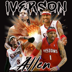 Puede incluir: Un diseño gráfico en blanco y negro con Allen Iverson y Rasheed Wallace. El diseño incluye un tema de baloncesto con las palabras "Iverson" y "Allen" en un estilo de pintura que gotea.