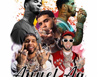 May include: A collage of four images of the same man, a Latin American rapper, with different hairstyles and clothing. The images are set against a background of colorful abstract shapes. The text "Anuel Aa" is written in black at the bottom of the image.