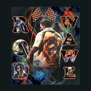 May include: A digital art print with the word "ROADWAVE" in orange letters. The letters are made up of images of people and checkered flags. The background is a blue and black digital pattern.