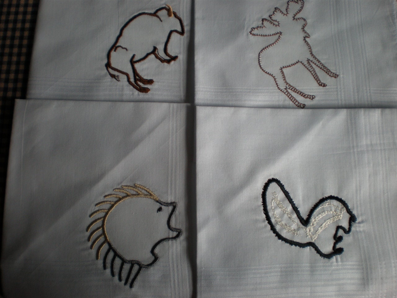 Embroidered Moose & Buffalo Handkerchief Set: Wildlife Cotton Hankies