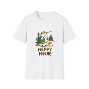 Happy Hour Pescador Boneco de Palito Pescador com Cachorro | Camiseta Gráfica Única, Camiseta Engraçada, Ideia de Presente, Roupa Casual Unissex