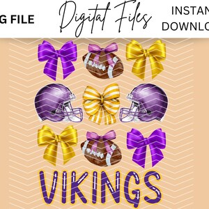 May include: Purple and gold football helmet and bow clip art graphics. The helmets are purple with gold accents. The bows are gold with purple accents. The text "VIKINGS" is in purple and gold letters.