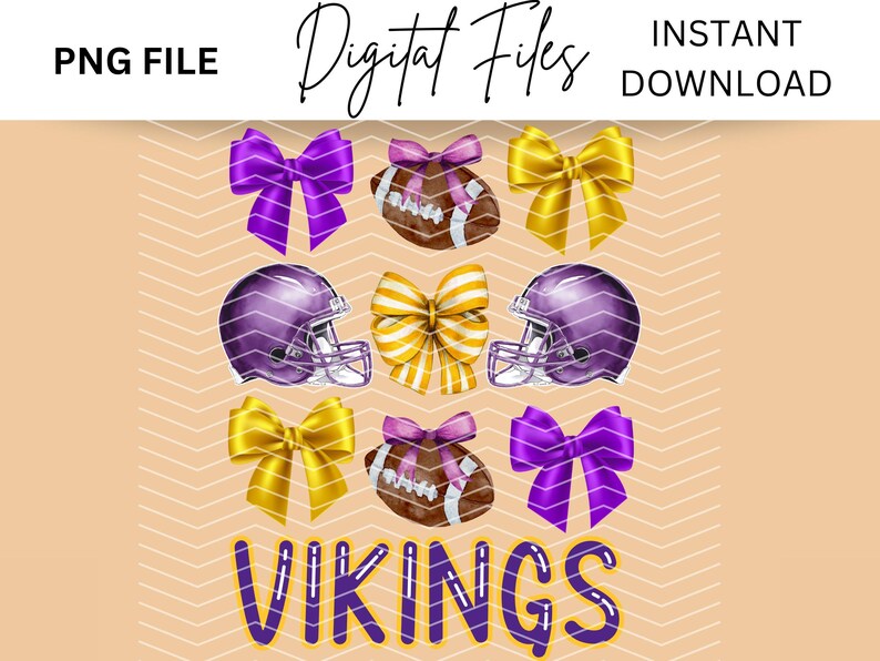 May include: Purple and gold football helmet and bow clip art graphics. The helmets are purple with gold accents. The bows are gold with purple accents. The text "VIKINGS" is in purple and gold letters.