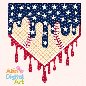 May include: A baseball home plate with a waffle texture, dripping with red, white, and blue icing. The icing is decorated with white stars, resembling the American flag.