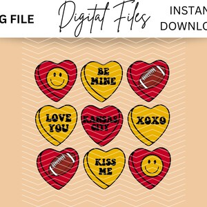 May include: A digital file featuring nine heart-shaped candies in red and yellow. Each candy has a different message or graphic, including a football, smiley faces, and phrases like "Be Mine" and "Kiss Me". The words "Digital Files" and "Instant Download" are also visible.