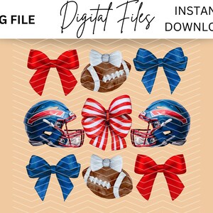May include: A set of six digital clipart images featuring football helmets, footballs, and bows in red, white, and blue.  The images are perfect for crafting projects, scrapbooking, and digital design.