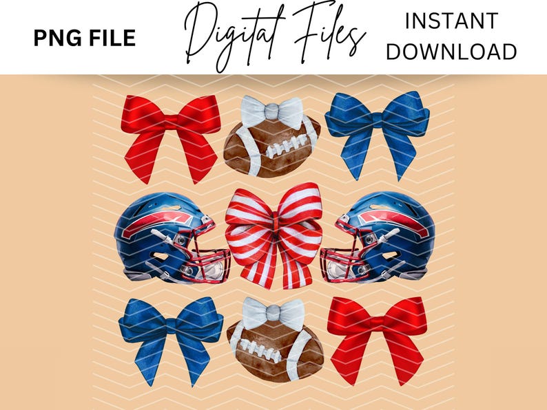 May include: A set of six digital clipart images featuring football helmets, footballs, and bows in red, white, and blue.  The images are perfect for crafting projects, scrapbooking, and digital design.