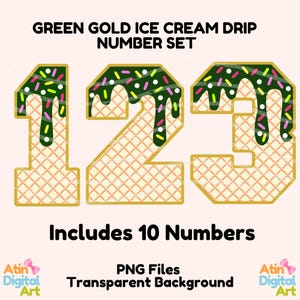 Green Gold Ice Cream Drip Numbers Png | Sprinkles Ice Cream Numbers | Ice Cream Drip Numbers | Jersey Numbers Png | Ice Cream Jersey Numbers