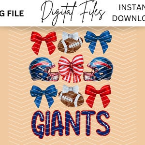 May include: A digital design featuring a blue and red football helmet with a red, white, and blue bow on top. The helmet is surrounded by red and blue bows and footballs. The word "GIANTS" is written in blue letters below the helmet.
