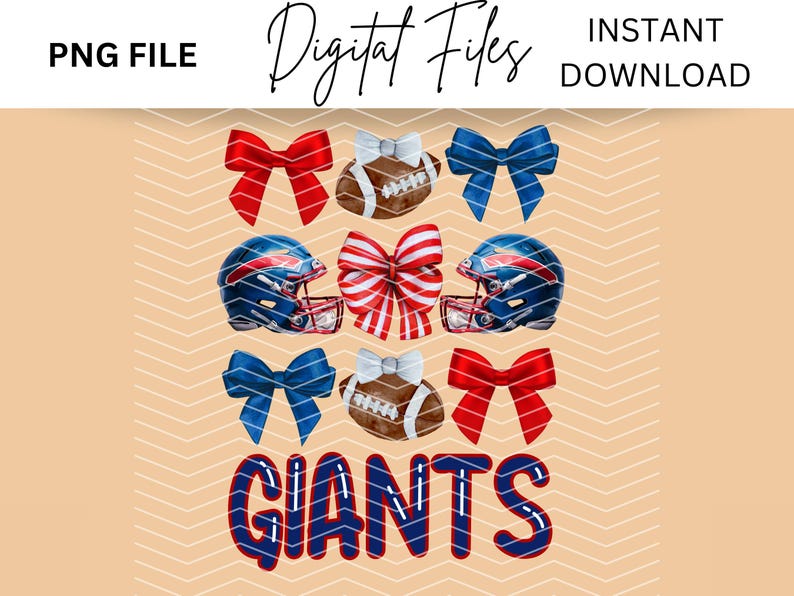 May include: A digital design featuring a blue and red football helmet with a red, white, and blue bow on top. The helmet is surrounded by red and blue bows and footballs. The word "GIANTS" is written in blue letters below the helmet.