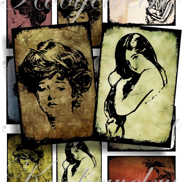 Vintage ladies on a grunge background images for cards, ACEO, scrapbook and more Digital Collage Sheet 3 X 2 inch No.400