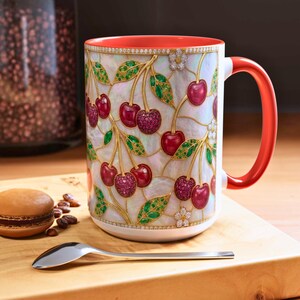 Stained glass cherry mug with red cherries and green leaves