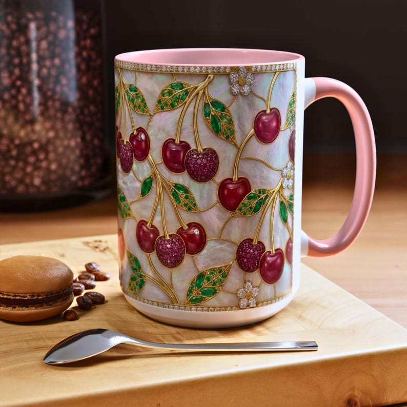 Stained glass cherry mug with red cherries and green leaves