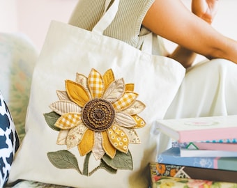 Patchwork-inspirierte Sonnenblumen-Tragetasche, Sonnenblumen-Canvas-Tasche, Cottagecore-Blumen-Tragetasche, Markttasche, Vintage-Sonnenblumen-Geschenk