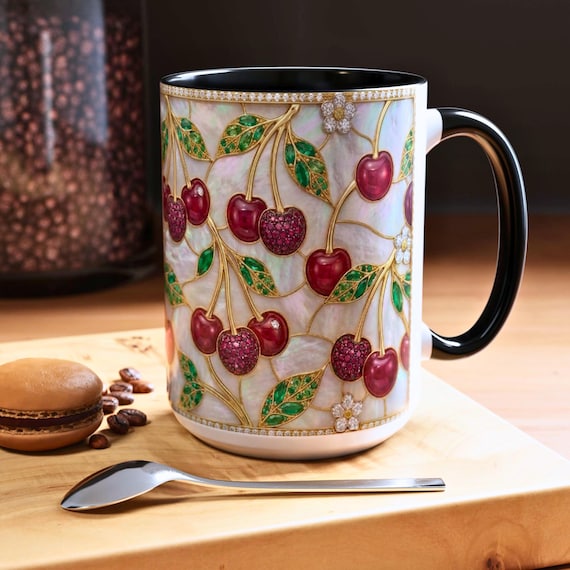 Stained Glass Cherry Mug, Cherry Coffee Mug, Vintage Fruit Floral Mug, Colorful Botanical Mug, Unique Cherry Gift Mug