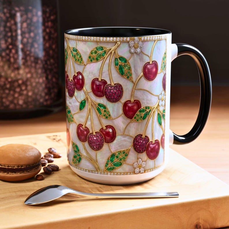 Stained glass cherry mug with red cherries and green leaves