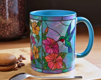 Stained Glass Hummingbird Mug, Floral Art Coffee Cup, Colorful Bird Mug, Botanical Coffee Mug, Nature Lover Gift