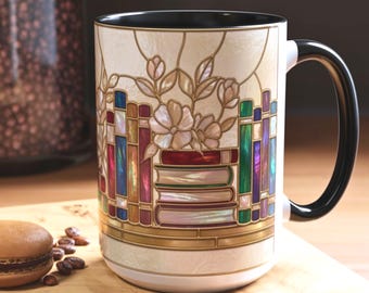 Stained Glass Bookshelf Coffee Mug, Floral Library