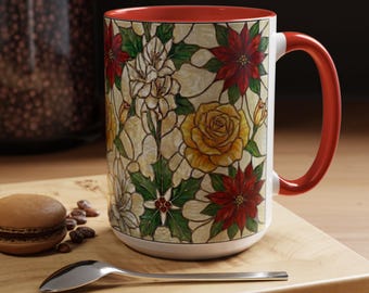 Stained Glass Floral Mug, Vintage Botanical Coffee Cup, Cottagecore Aesthetic Mug, Elegant Floral Art Coffee Mug