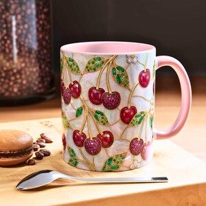 Vintage cherry coffee mug with botanical stained glass style