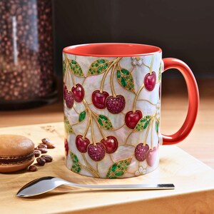 Stained glass cherry mug with red cherries and green leaves