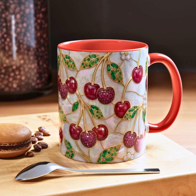 Stained glass cherry mug with red cherries and green leaves