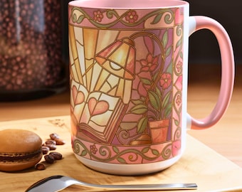 Stained Glass Floral Book Mug, Book Lover Coffee Mug, Cozy Bookish Floral Cup, Aesthetic Reading Gift