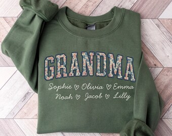 Personalized Grandma Comfort Colors Shirt, Floral Faux Embroidery, Grandkids Names