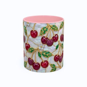 Vintage cherry coffee mug with botanical stained glass style