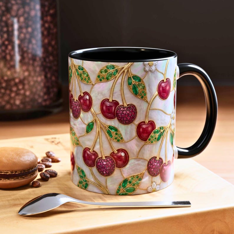 Vintage cherry coffee mug with botanical stained glass style