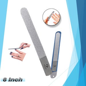 May include: A 6 inch metal nail file with a blue handle. The file has a rough surface and is designed for shaping and smoothing nails.