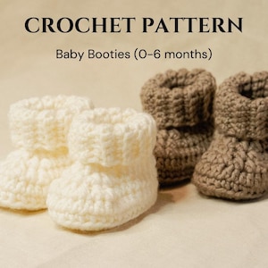 Op de afbeelding: Twee paar gehaakte babyschoentjes. Het ene paar is wit en het andere paar is bruin. De schoentjes zijn gemaakt met een textuur. De afbeelding bevat de tekst "CROCHET PATTERN Baby Booties (0-6 months)"