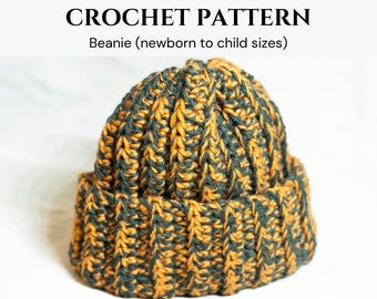 Beanie Crochet Pattern, Adjustable For All Sizes From Baby to Child