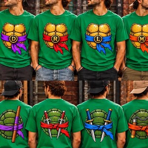 May include: A set of green t-shirts featuring a yellow turtle shell graphic on the front with a letter and a colored mask. The back of each shirt displays a turtle shell with a specific weapon and a matching colored mask.