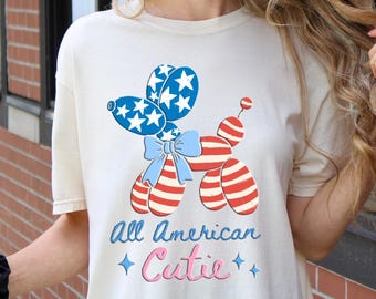 Comfort Colors® All American Cutie Shirt, Patriotic Balloon Dog Tee, Coquette 4th of July Shirt, USA Graphic Tee, Americana T-Shirt