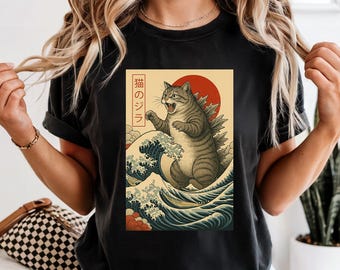 Retro Japanese Catzilla T-Shirt, Funny Cat Lover Gift, Sunset Cat Graphic Tee, Unisex Vintage Cat Shirt, Catzilla Japanese Cat Sweatshirt