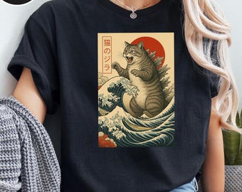 Retro Japanese Catzilla T-Shirt, Funny Cat Lover Gift, Sunset Cat Graphic Tee, Unisex Vintage Cat Shirt, Catzilla Japanese Cat Sweatshirt