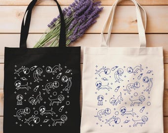 Dogs in Space Tote Bag: Retro Galaxy Graphic, Dog Lover Mom Bag