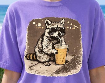 Comfort Colors Raccoon Drinking Iced Coffee Shirt, Retro Prehistoric Shirt, Gift For Animal Lover, Funny Animal Meme Tee, Coffee Raccoon Tee