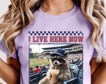 Comfort Colors® I Live Here Now Raccoon Shirt, Funny Baseball Fan Tee, Baseball Game Day Shirt, Iced Coffee Raccoon Shirt, Sports Lover Gift